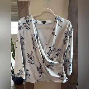 Ann Taylor floral wrap White/blue/tan Blouse XL
